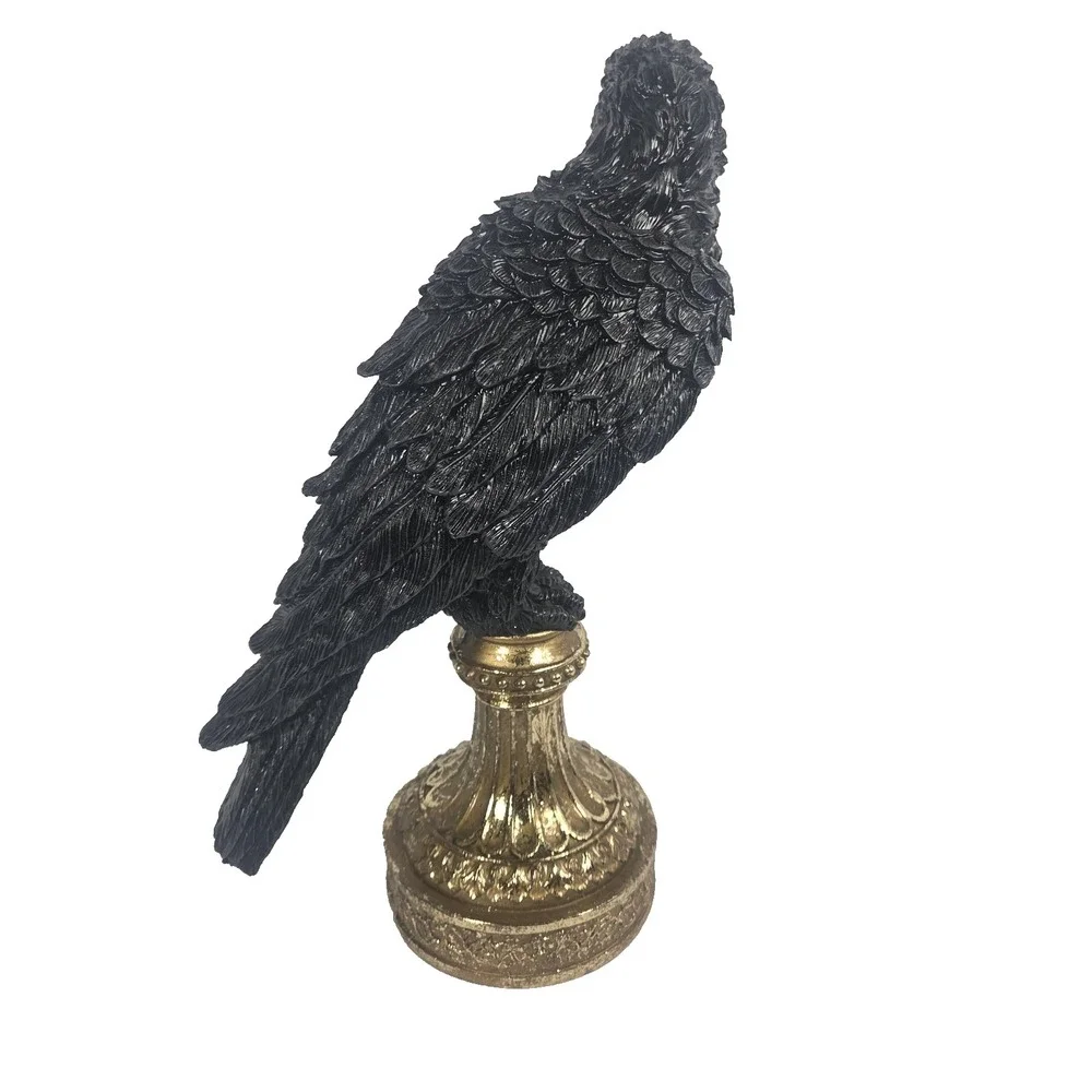 Spooky Night Raven Statue Halloween Decor 14in Black Gold Gothic Pedestal NWT